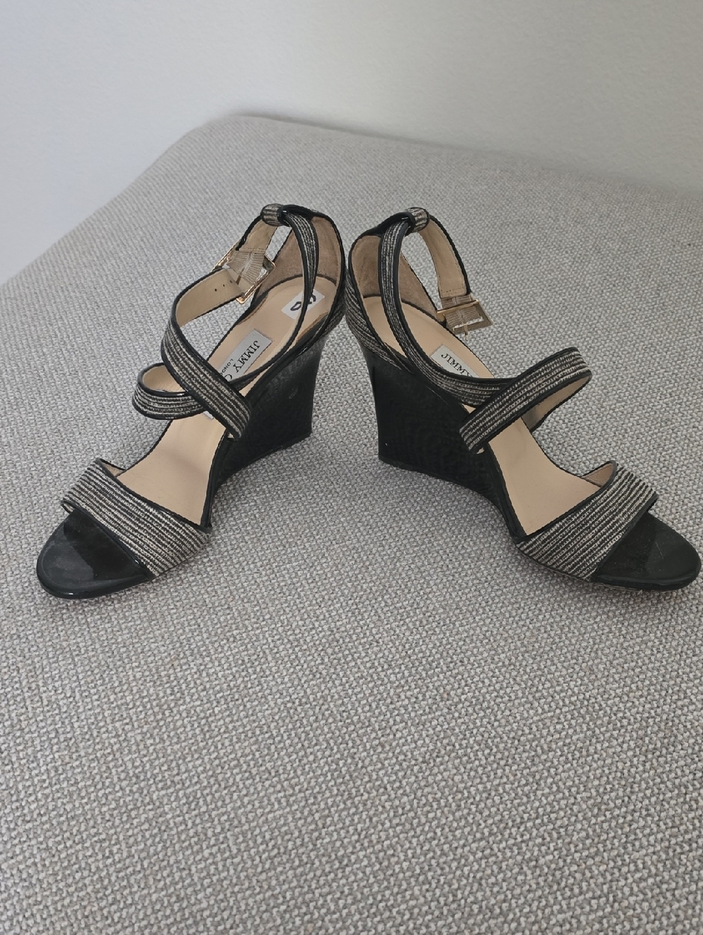Jimmy Choo Black and Metallic Strappy Wedge Sandals - Authentic